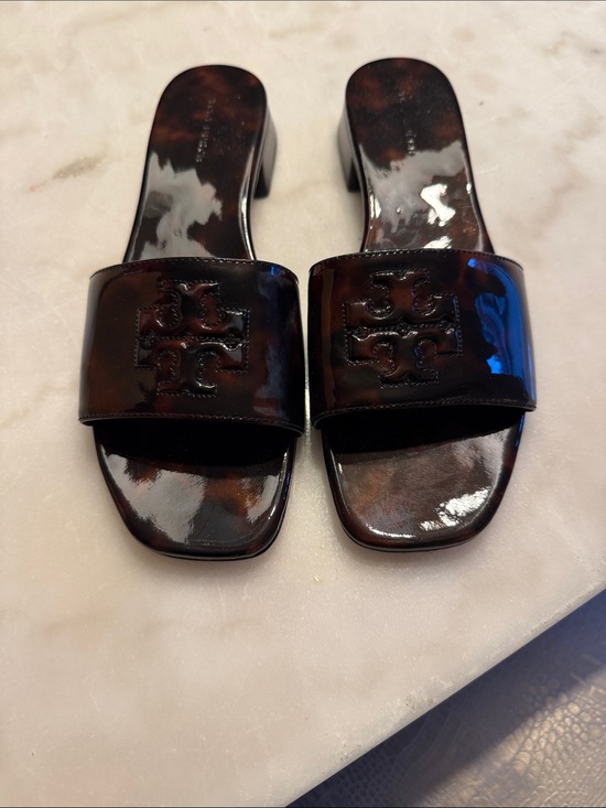 Tory Burch Shoes - Tory Burch Dark Brown Patent Logo Slide